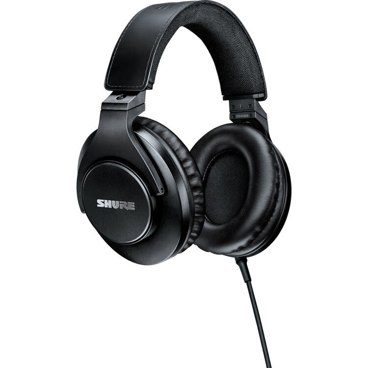 Shure SRH440A studio headphones in black color, designed for monitoring and DJ mixing with over-ear design.