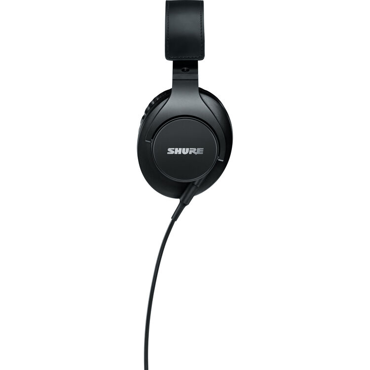 Shure SRH440A studio headphones in black displayed side view with a cable.