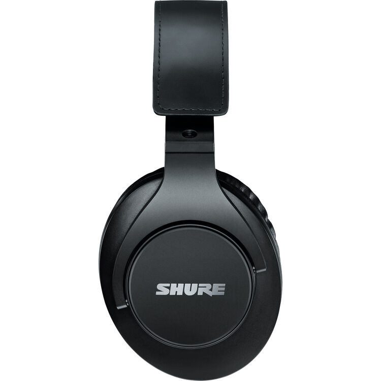 Shure SRH440A studio headphones displaying sleek black design and over-ear style for professional audio monitoring.