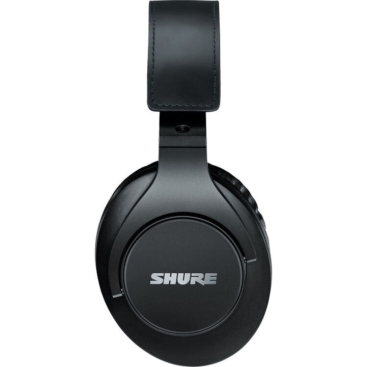 Shure SRH440A studio headphones displaying sleek black design and over-ear style for professional audio monitoring.