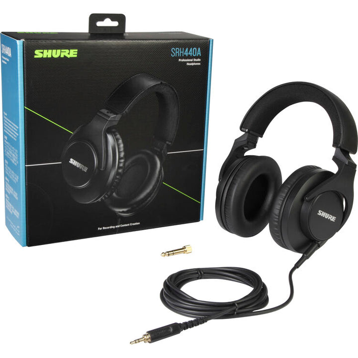 Shure SRH440A studio headphones with packaging, ideal for studio monitoring and DJ mixing.