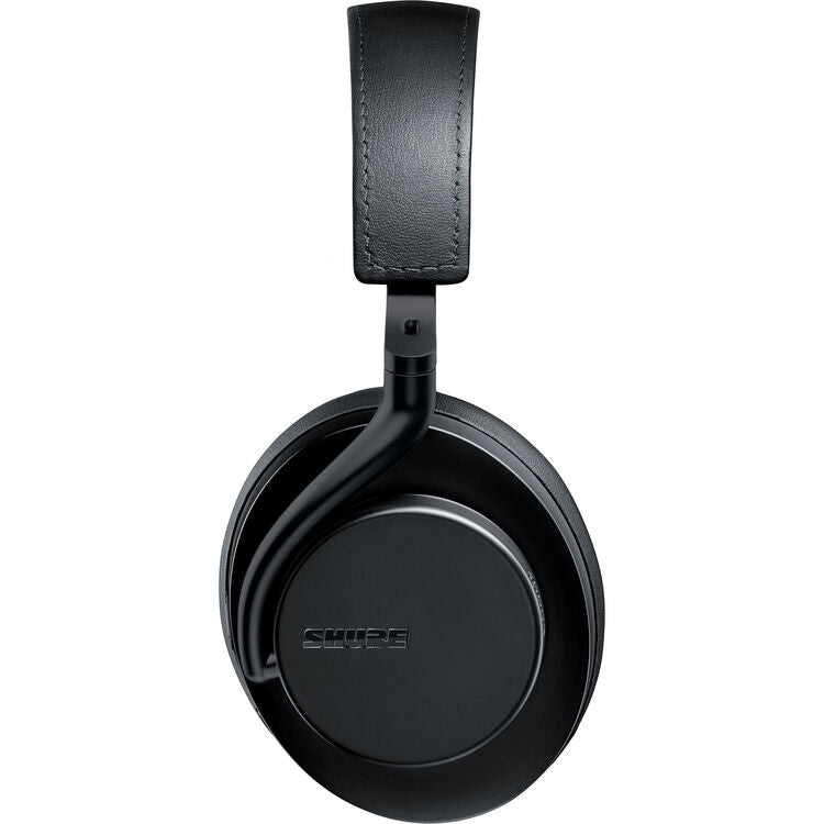 Shure AONIC 50 Gen 2 wireless noise cancelling over-ear headphones, sleek black design, side view.