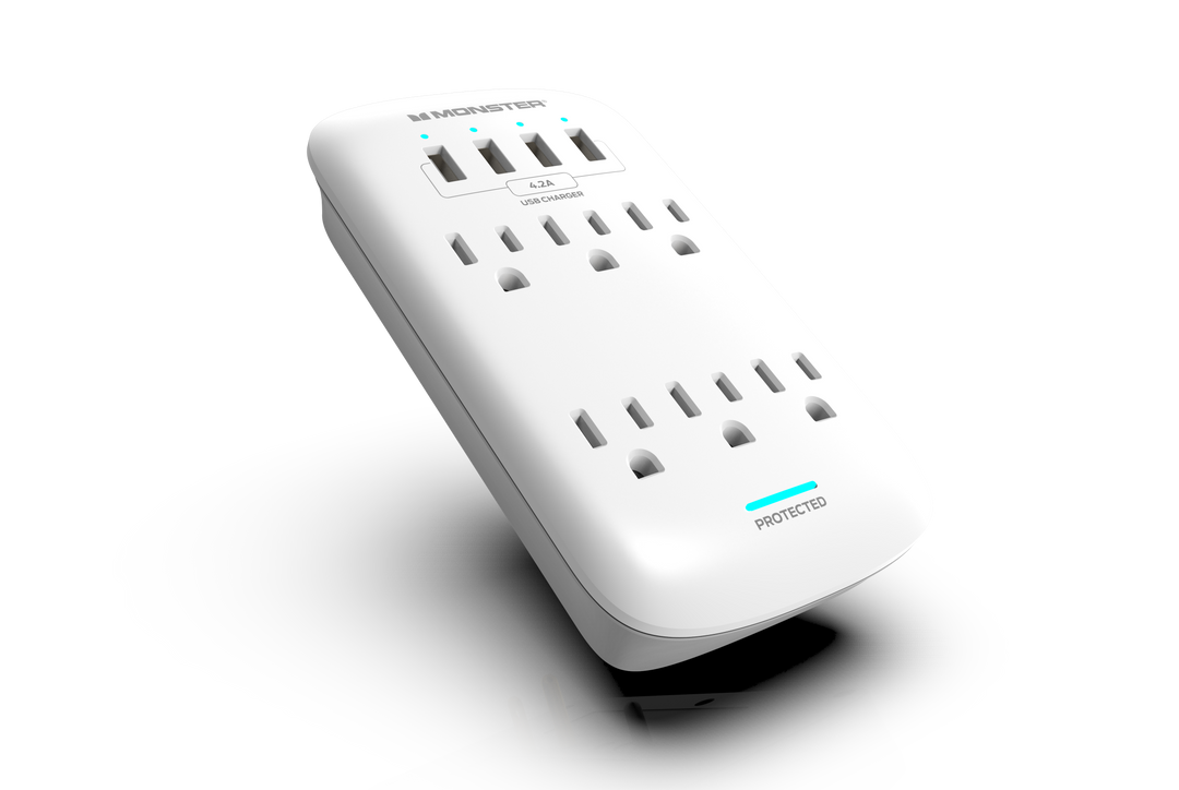 MONSTER POWER Wall Tap Surge Protector 6 AC 4 USB-A (4.2amp) 980j Fireproof Mov White