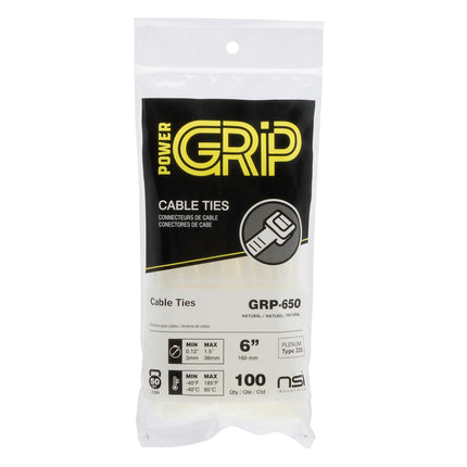 POWER GRIP Cable Tie Natural 6" 50lb 100pk
