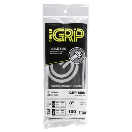 POWER GRIP Cable Tie Black 8" 50lb 100pk