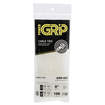 POWER GRIP Cable Tie Natural 8" 50lb 100pk