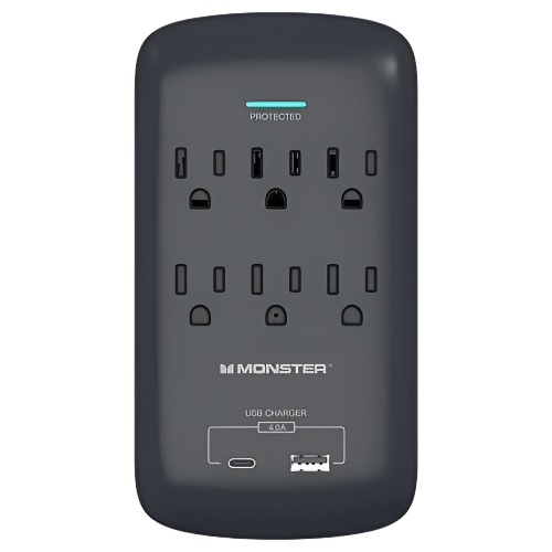 MONSTER POWER Wall Tap Surge 6 AC 1 USB-C 1 USB A Black