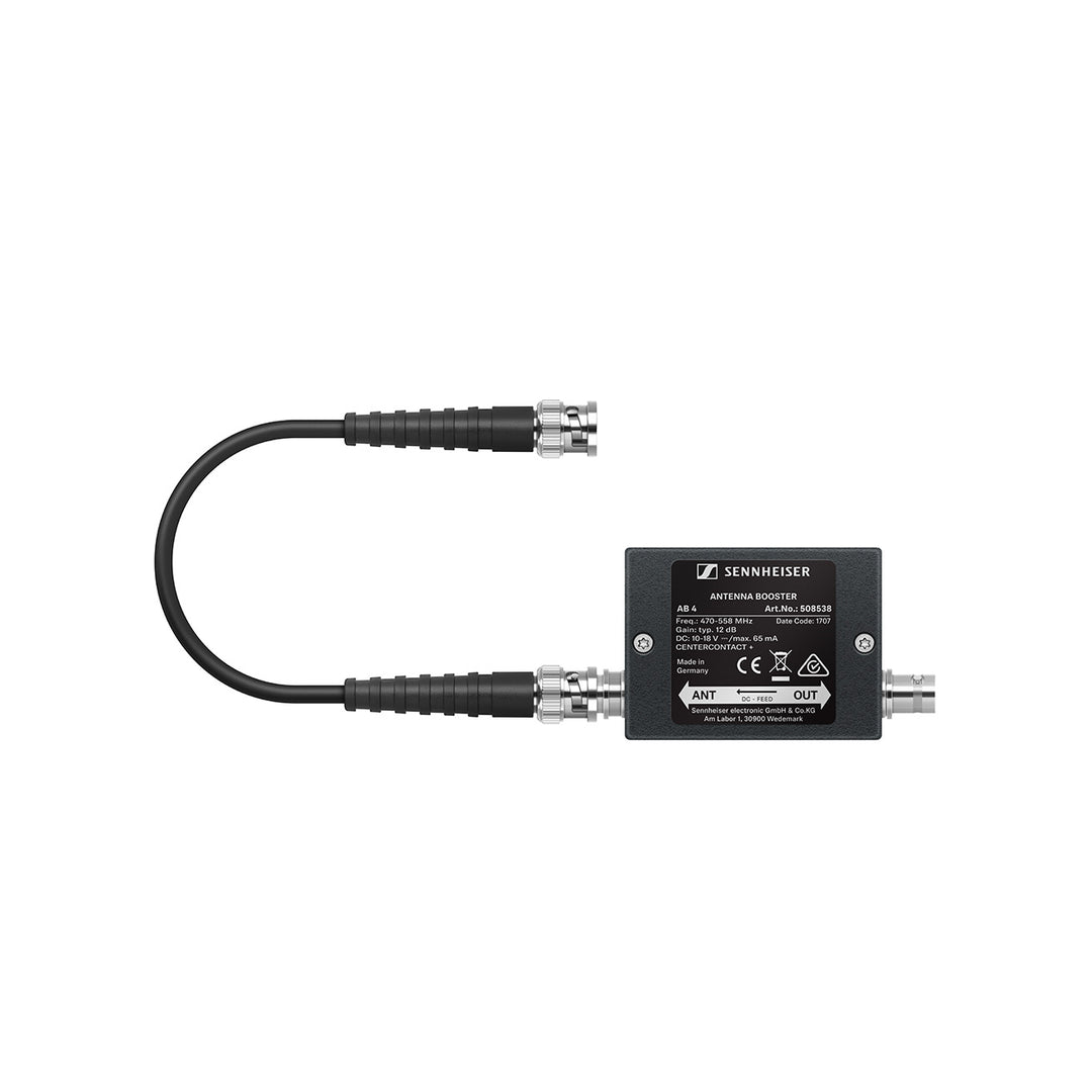 Sennheiser AB 4-AW+ inline antenna booster with 10 dB gain and BNC connectors for AW+ frequency range