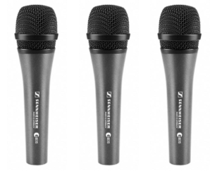 Sennheiser 3-Pack E 835 cardioid dynamic handheld microphone set with clips and pouches