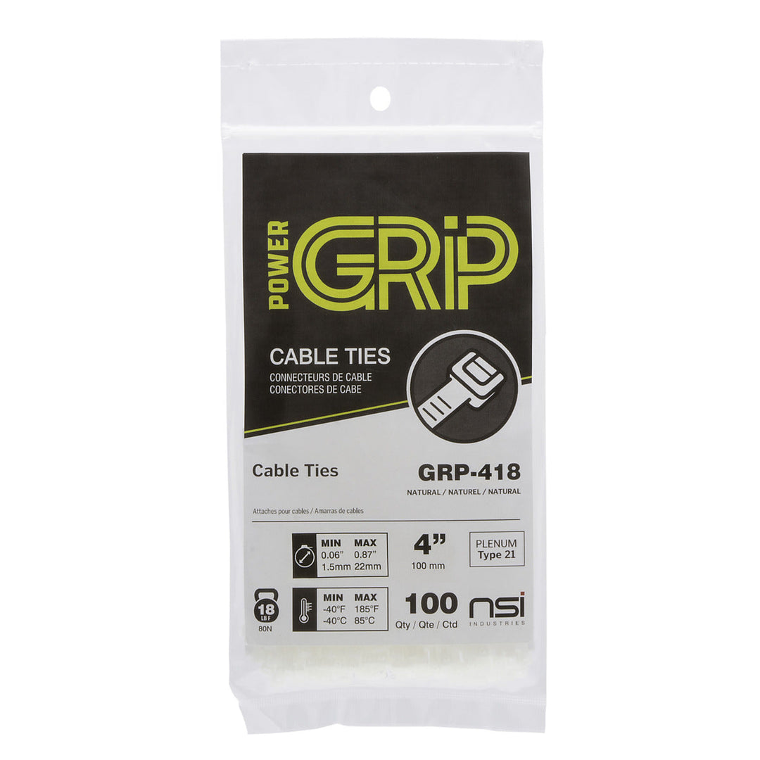 POWER GRIP Cable Tie Natural 4" 18lb 100pk